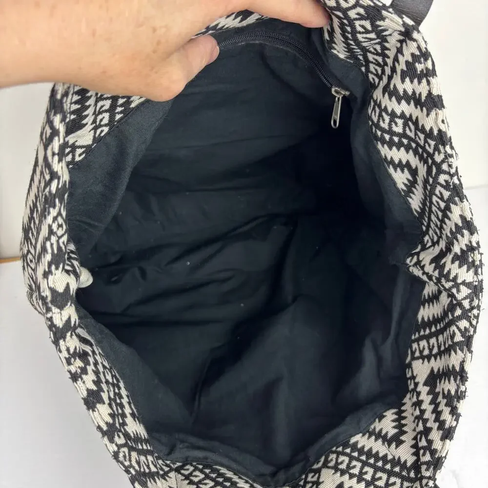 Lucky Brand Aztec Boho Tote Bag Purse Black White Leather Straps large